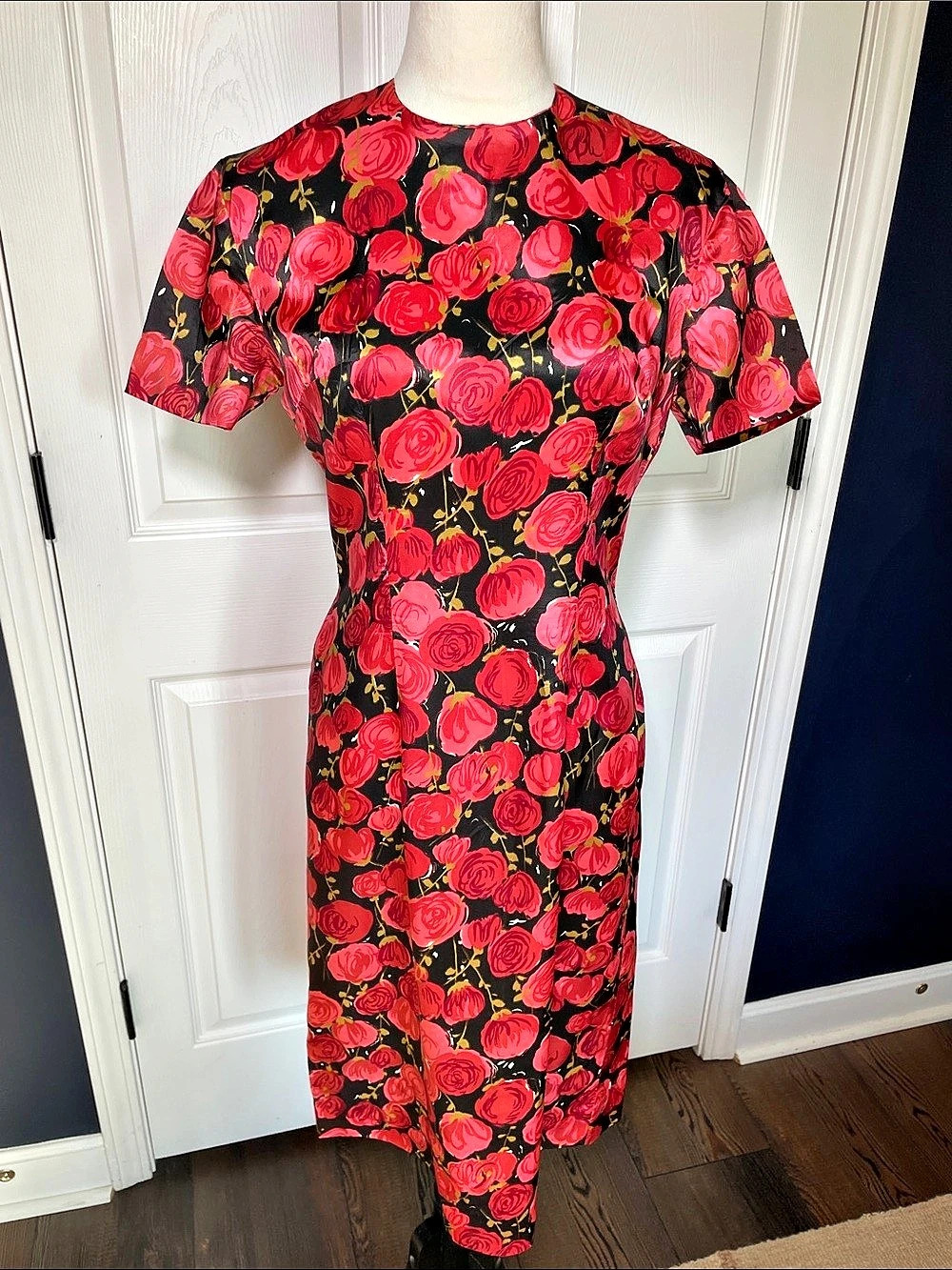 Vintage 1960s Rose Print Wiggle Dress Handmade Red Pink Floral Sheath Bombshell